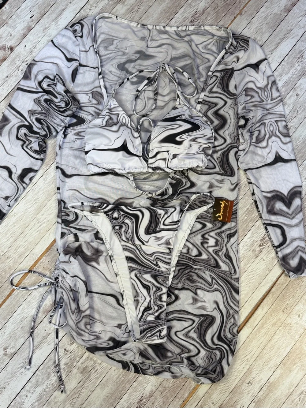 Marble-Print Ruched Mini Dress with Matching Bikini